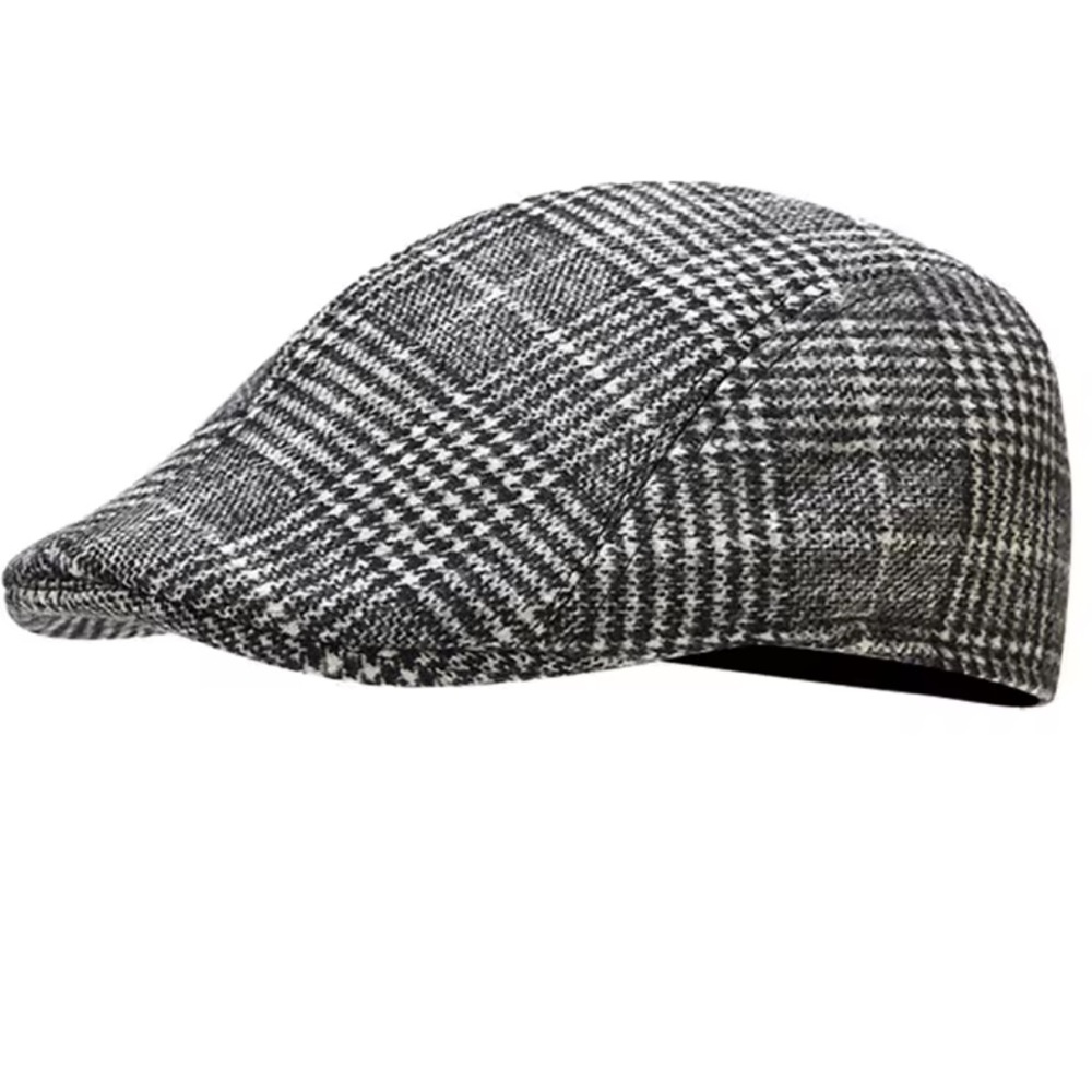British Style Gentleman Black and White Plaid Flat Cap